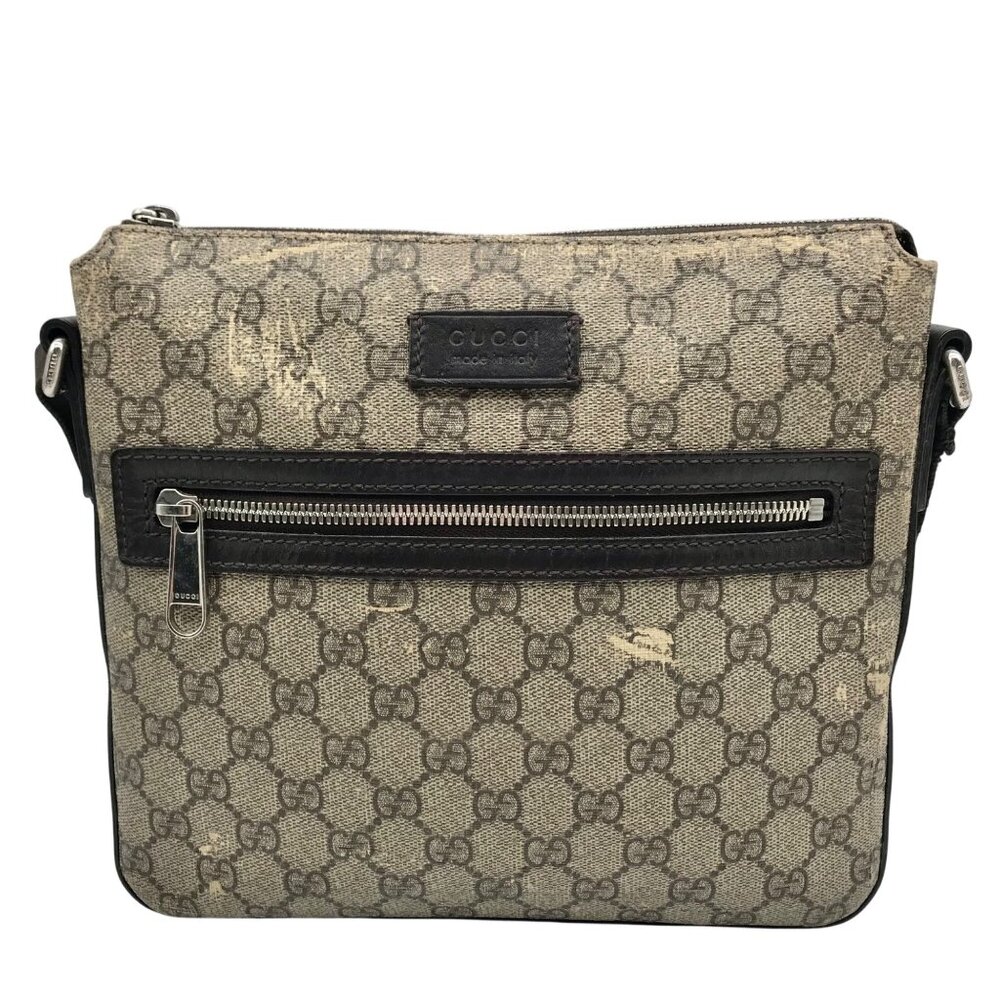 Gucci Dark Brown Leather and Signature GG Supreme Canvas Crossbody Bag